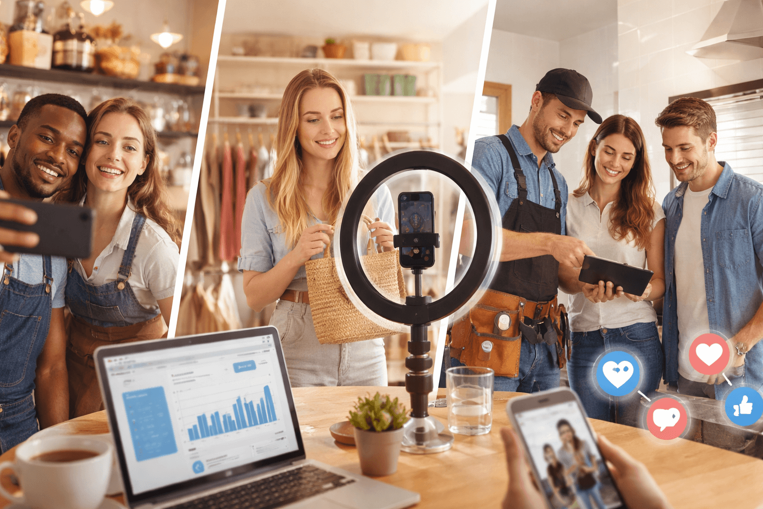 Four-panel boutique studio collage shows small business content creation for social media marketing and livestreaming.