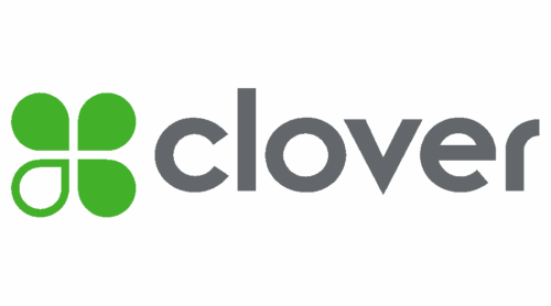 Clover brand logo wordmark on bright green background with subtle four-leaf clover emblem.