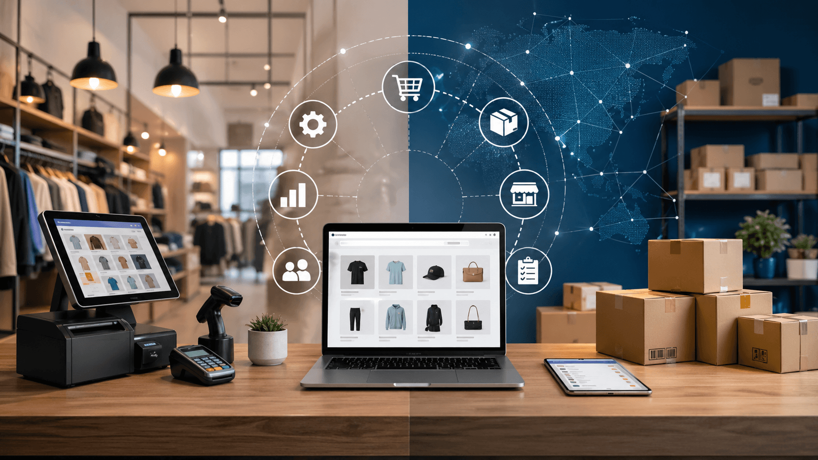 Omnichannel retail POS and ecommerce dashboard linking store, inventory, warehouse, and shipping for unified fulfillment.