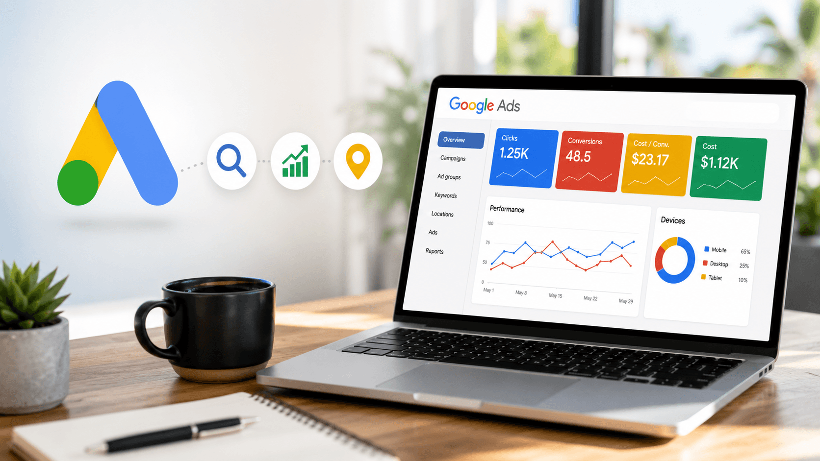 Google Ads for Small Business dashboard on laptop showing clicks, conversions, and cost analytics.
